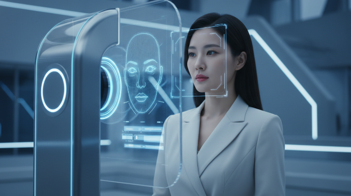 페이스페이 단말기가 사용자의 얼굴을 3D로 스캔하여 점으로 연결된 안면 데이터를 분석하는 인포그래픽 이미지