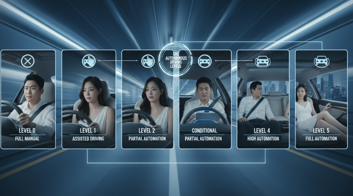 자율주행차의 센서 작동 원리를 보여주는 그래픽, 라이다의 레이저 빔과 카메라의 시야각 비교