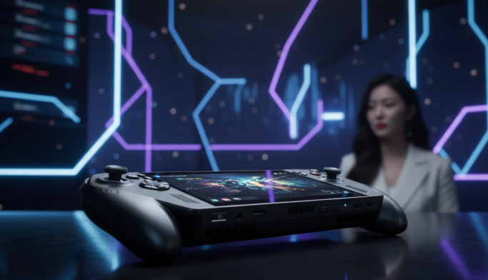 Xbox 컨트롤러 형태의 그립이 부착된 ROG Xbox 엘라이 X의 측면 모습