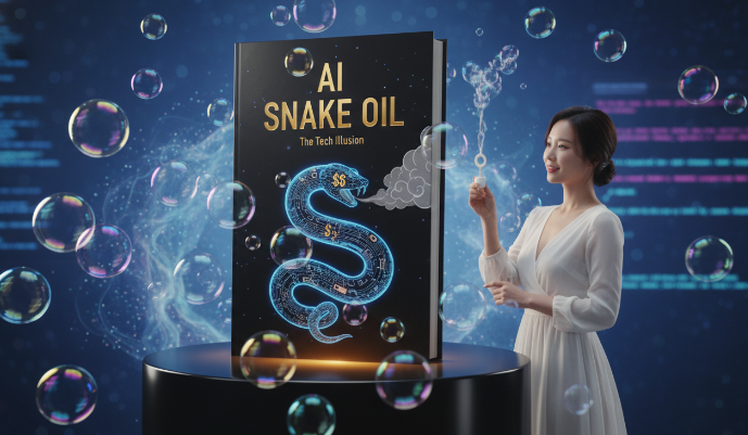 책 'AI 버블이 온다' 표지와 복잡한 IT 시장의 거품을 상징하는 일러스트"