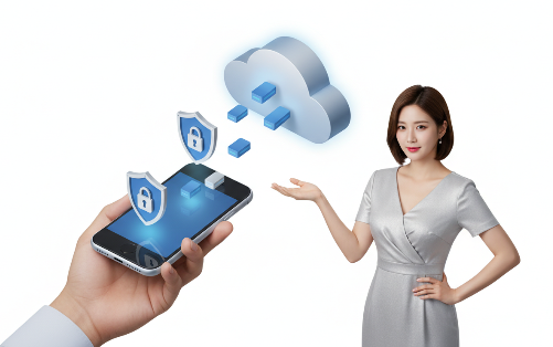 데이터가 아이폰에서 클라우드로 이동할 때 암호화되는 과정을 묘사한 인포그래픽, 자물쇠 아이콘 강조