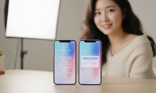 새로운 아이폰 초기 설정 화면에서 마이그레이션을 준비하는 두 기기의 모습