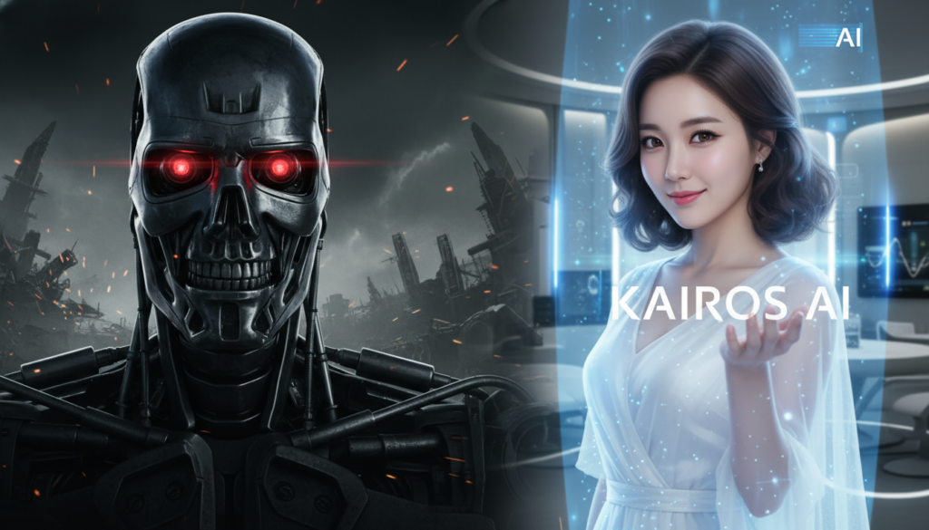 어두운 배경에서 붉은 눈을 가진 로봇과 밝은 조명 아래 친절하게 웃고 있는 AI 비서의 대비 이미지