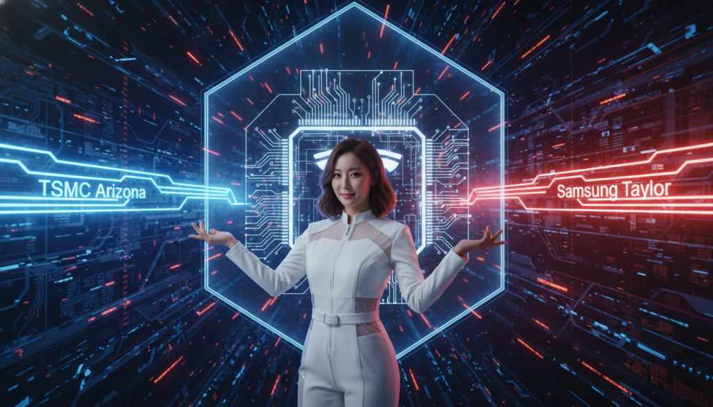 테슬라 AI5 칩의 아키텍처 단순화 및 삼성/TSMC 생산 분담 도식화