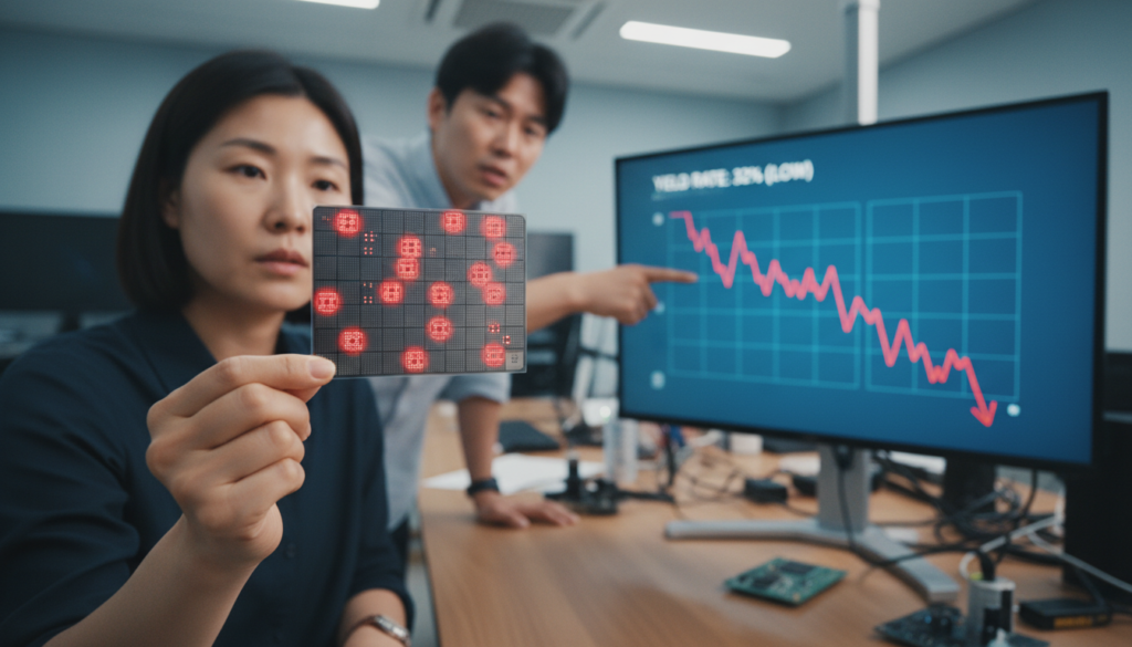 반도체 웨이퍼 검사 과정에서 불량품이 붉게 표시되는 모습을 클로즈업한 이미지, 데이터 화면에 낮은 수율 그래프가 보임