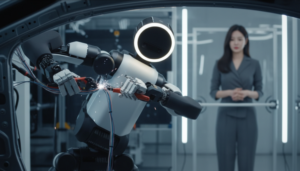 아틀라스 로봇이 자동차 내부 좁은 공간에서 정밀하게 배선을 연결하는 장면