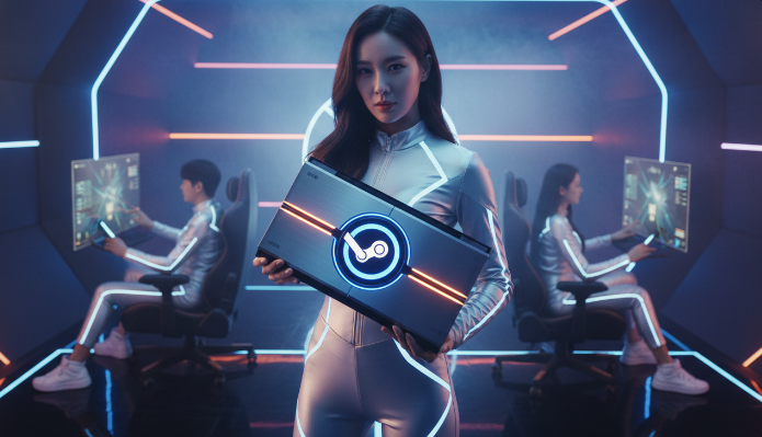 이미지 설명 : 플레이스테이션 6 로고와 스팀 로고가 결합된 미래 지향적인 콘솔 컨셉 이미지