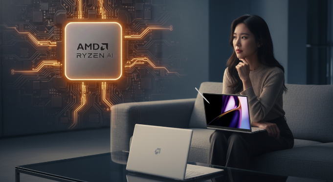 AMD 라이젠 AI 프로세서의 강력한 성능을 상징하는 내부 칩셋 이미지"