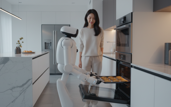 화이트 컬러의 매끄러운 외관을 가진 로봇이 주방 오븐 앞에서 요리를 돕고 있는 모습
