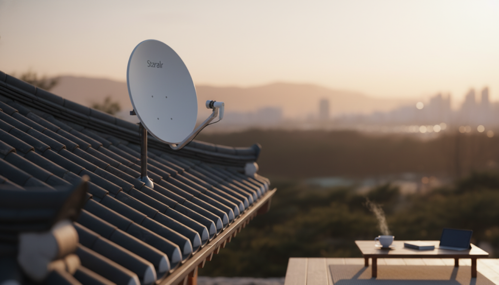 국내 주택 옥상에 설치된 스페이스X 스타링크 위성 접시와 한국 초고속 인터넷 연결 장치