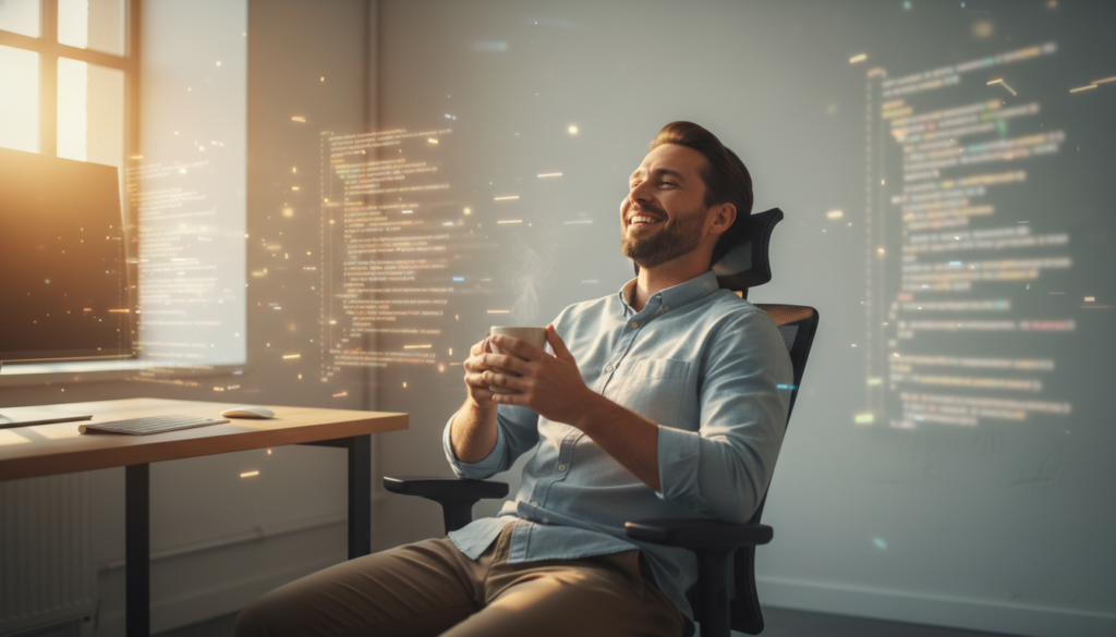 AI를 지휘하여 수많은 코드를 관리하고 시간적 여유를 얻은 행복한 개발자의 모습