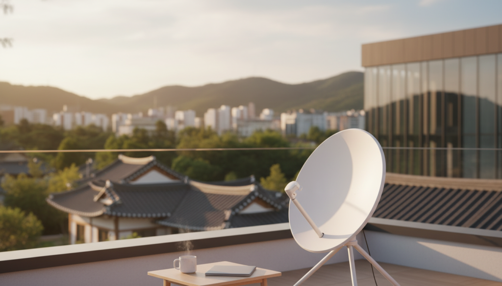 한국 야외에 설치된 스페이스X 스타링크 위성 인터넷 안테나와 수신 장비 모습